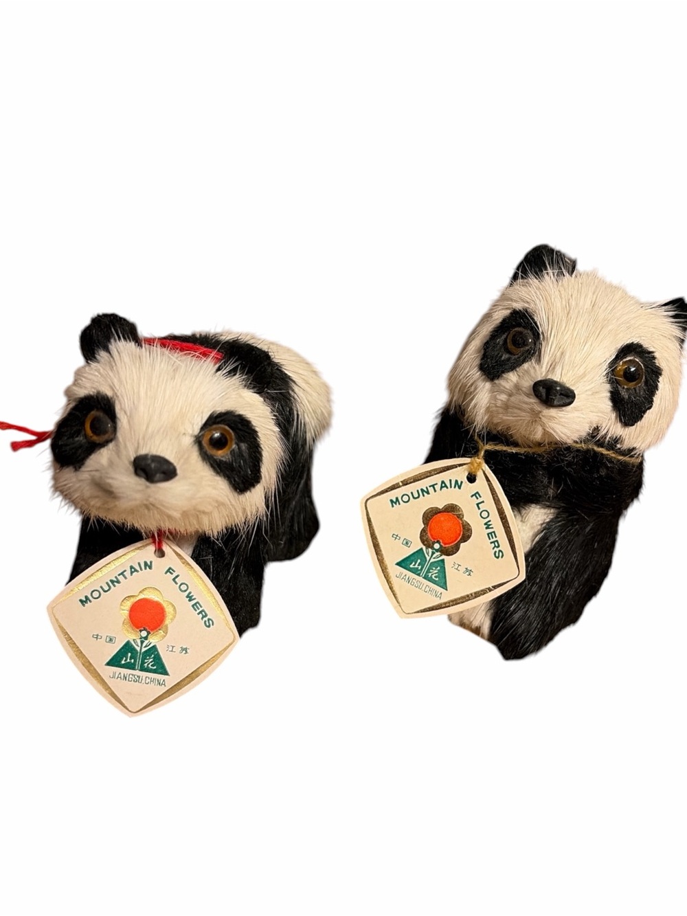 Vintage pair of Mountain Flowers Real Fur Panda Figures with Tags
